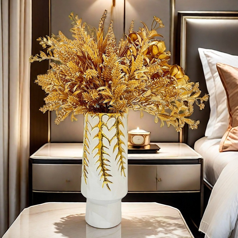 Light luxury electroplated ceramic vase decoration, simple model room soft decoration, living room creative outlet vase arrangement, golden floral art embellishment, bedroom Specification image