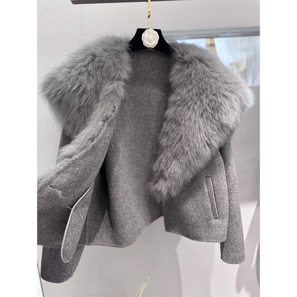 Faux fox fur knitted large fur collar detachable fur coat, double-sided nylon large fur collar short coat 2025 new style full figure