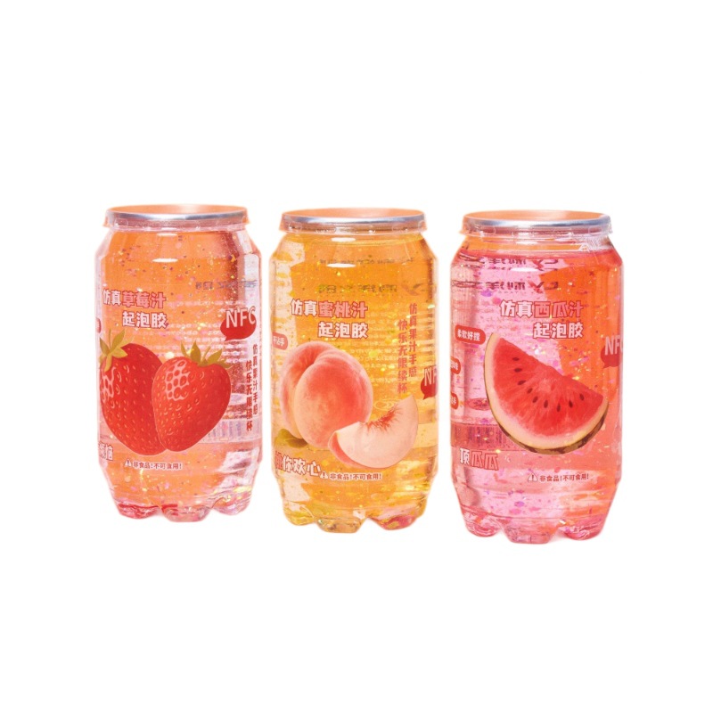 网红爆款新品儿童玩具史莱姆易拉罐起泡胶水果汁系列高颜值解压白底实物图