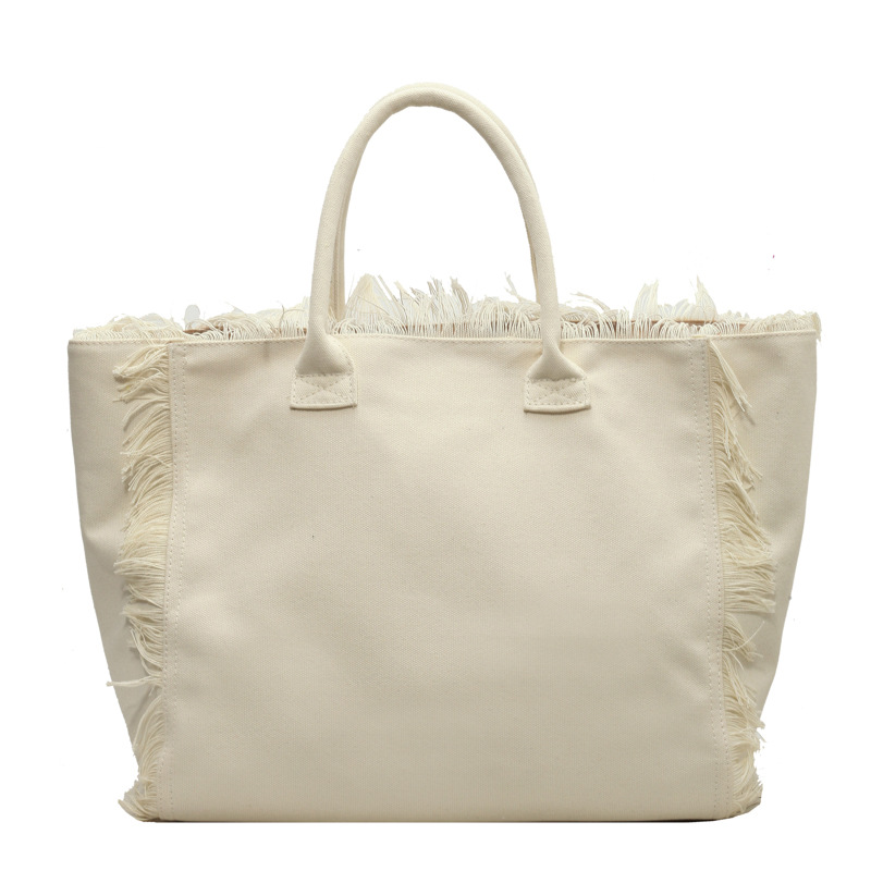 Cross-Border Canvas Bag, Fringed Letter Canvas Bag, Canvas Tote Commuter Bag, Canvas Bag, Large Capacity Bag, Women's Solid Color Commuter Single-Shoulder Tote Bag, Women's Canvas Bag Item Picture