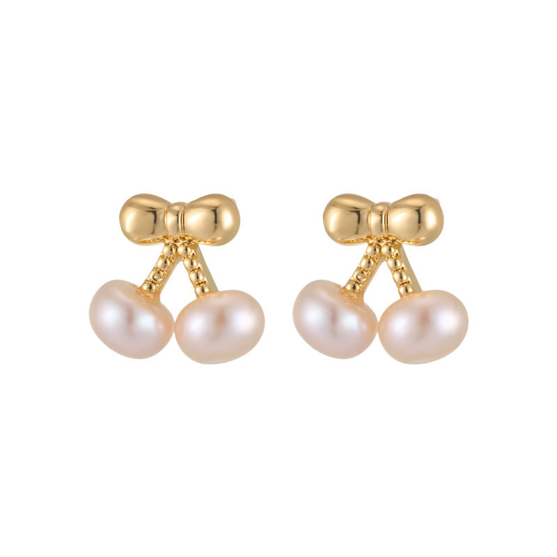 Fresh and sweet cherry stud earrings, copper alloy, real gold plating, freshwater pearl s925 silver needle, high-end and exquisite earrings Item Picture