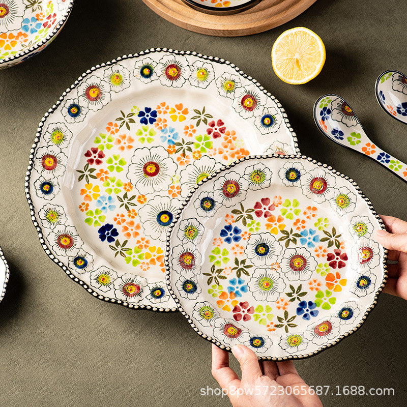 Bangcheng Ceramic Bowl and Plate Set: Household rice bowls, vegetable plates, plates, tableware, retro double-eared bowls, noodle bowls, soup bowls, large bowls Specification image