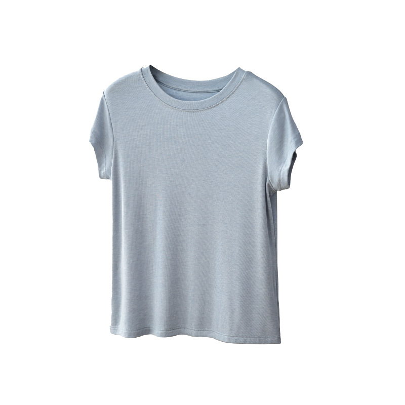 Spring and summer Lyocell wool Tencel short-sleeved T-shirt for women, a slim and light round-neck solid color casual top with a straight shoulder Item Picture