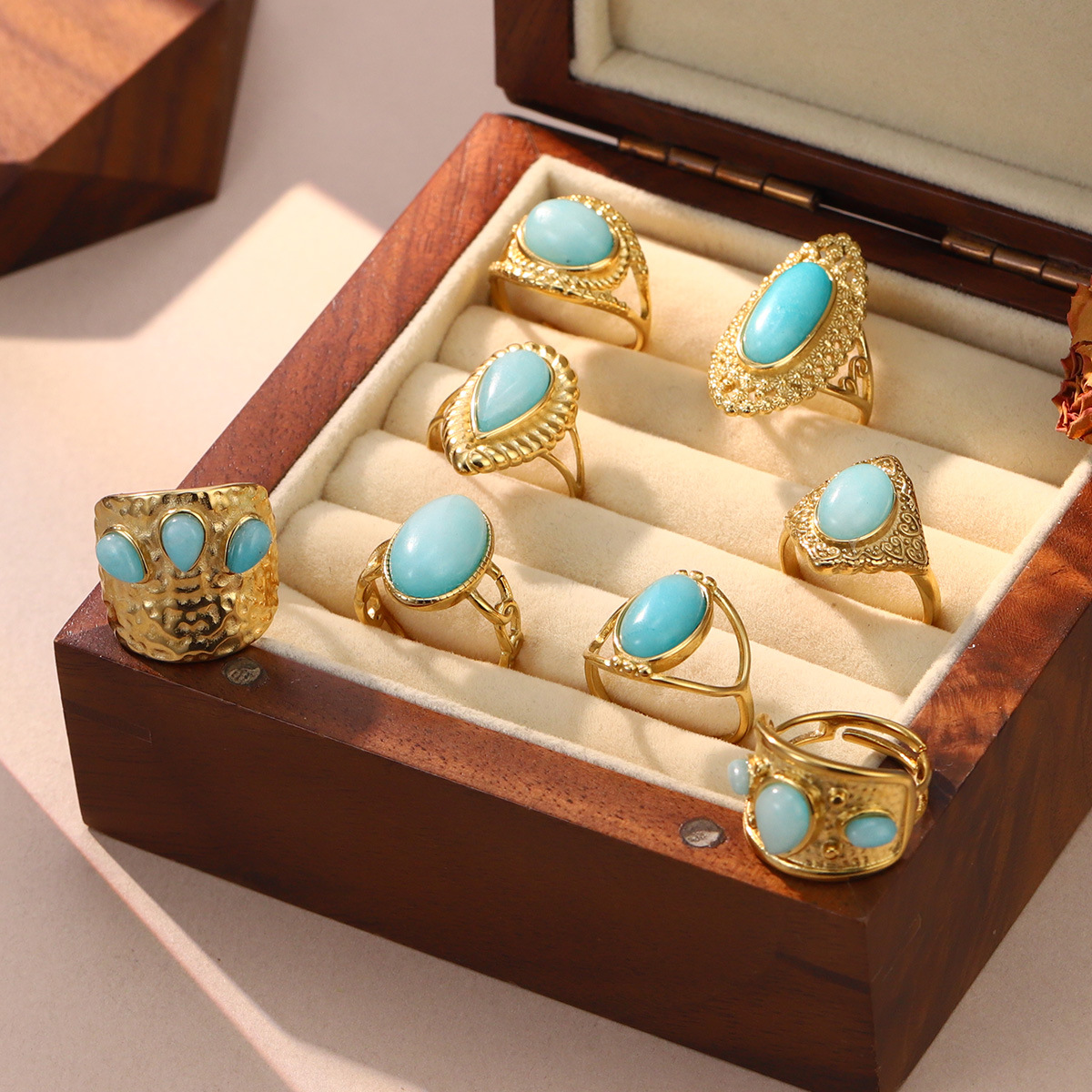 Best-selling stainless steel natural stone rings for women on AliExpress, non-fading titanium steel retro geometric rings for women