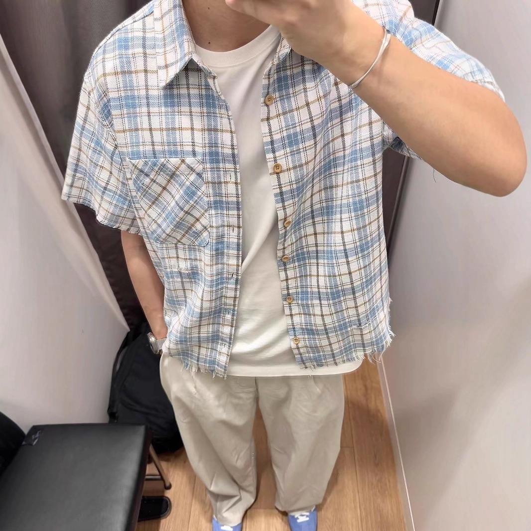 vintage, frosted fringed bamboo joint checkered blue long-sleeved shirt, men's loose and versatile casual shirt jacket details Picture
