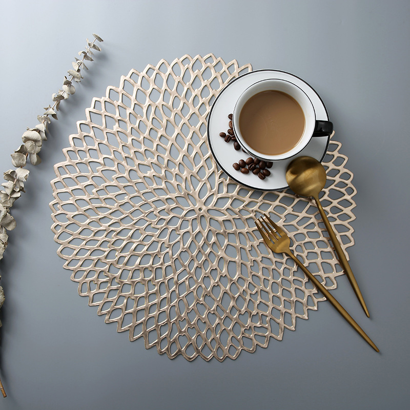 简约纯色欧式网球花PVC镂空烫金餐垫 酒店隔热防滑咖啡垫牛排盘垫