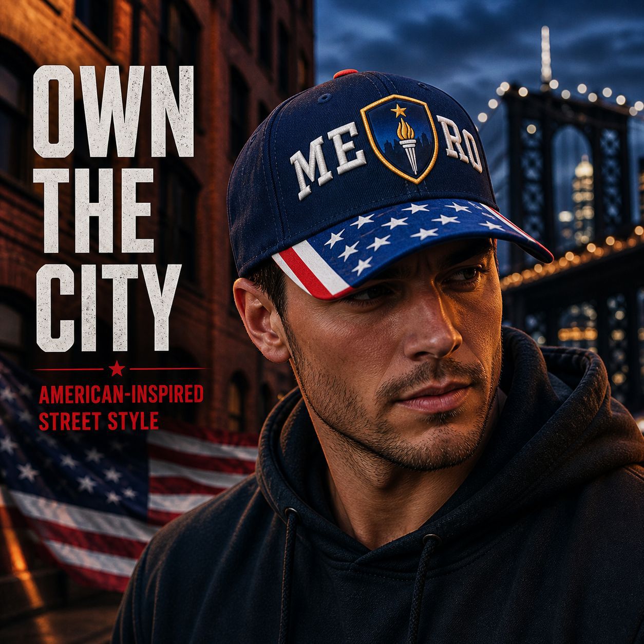 American flag embroidered baseball cap, 3D stereoscopic letter shield label baseball cap, cross-border men's and women's outdoor sunshade, street trend Specification image