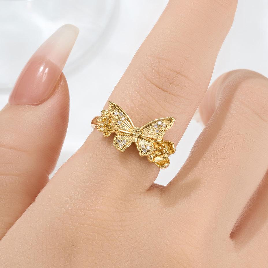 Origen fábrica luz lujo mariposas tridimensionales flores anillos abiertos aleación de cobre oro real chapado con circonio anillos ajustables details Picture
