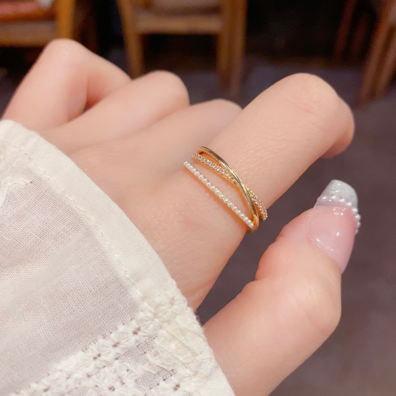 Summer new minimalist design, pearl and diamond double-layer cross ring, personalized, light luxury, versatile open ring wholesale Specification image