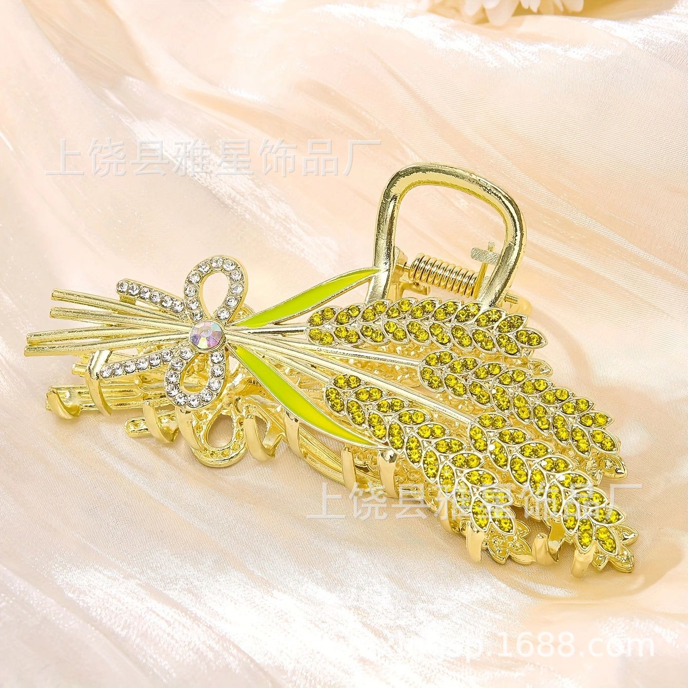 The new golden wheat ear champagne rhinestone princess headwear hairpin is grand and super sparkling crystal, luxurious goddess hairpin headwear Specification image