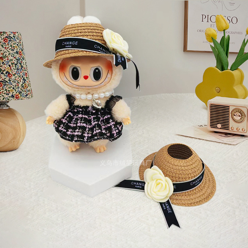 Creative labub straw hat dolls, little chanel-style hats, Labub vinyl dolls, woven sun hats, children's clothing accessories Application Scenario