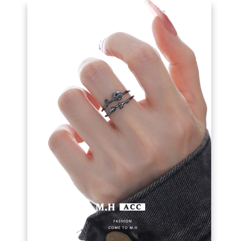 Rose flower double-layer open ring, a high-end, fashionable and individual open index finger ring, sweet and cool, spicy girl style ring details Picture