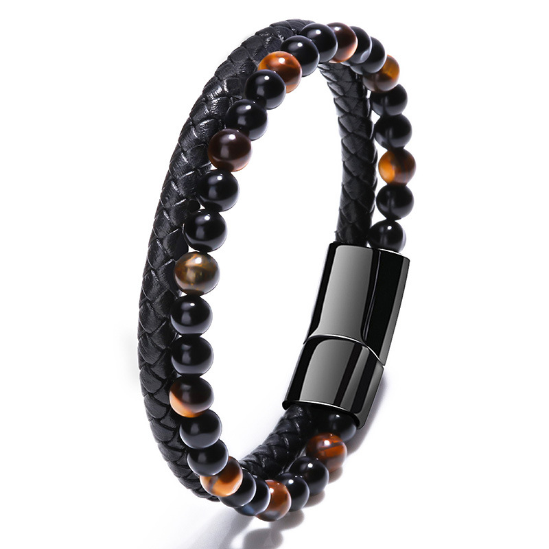 Cross-border simple natural volcanic stone bracelet for men, magnetic clasp woven tiger's eye stone with beads, cowhide rope bracelet accessory Specification drawing