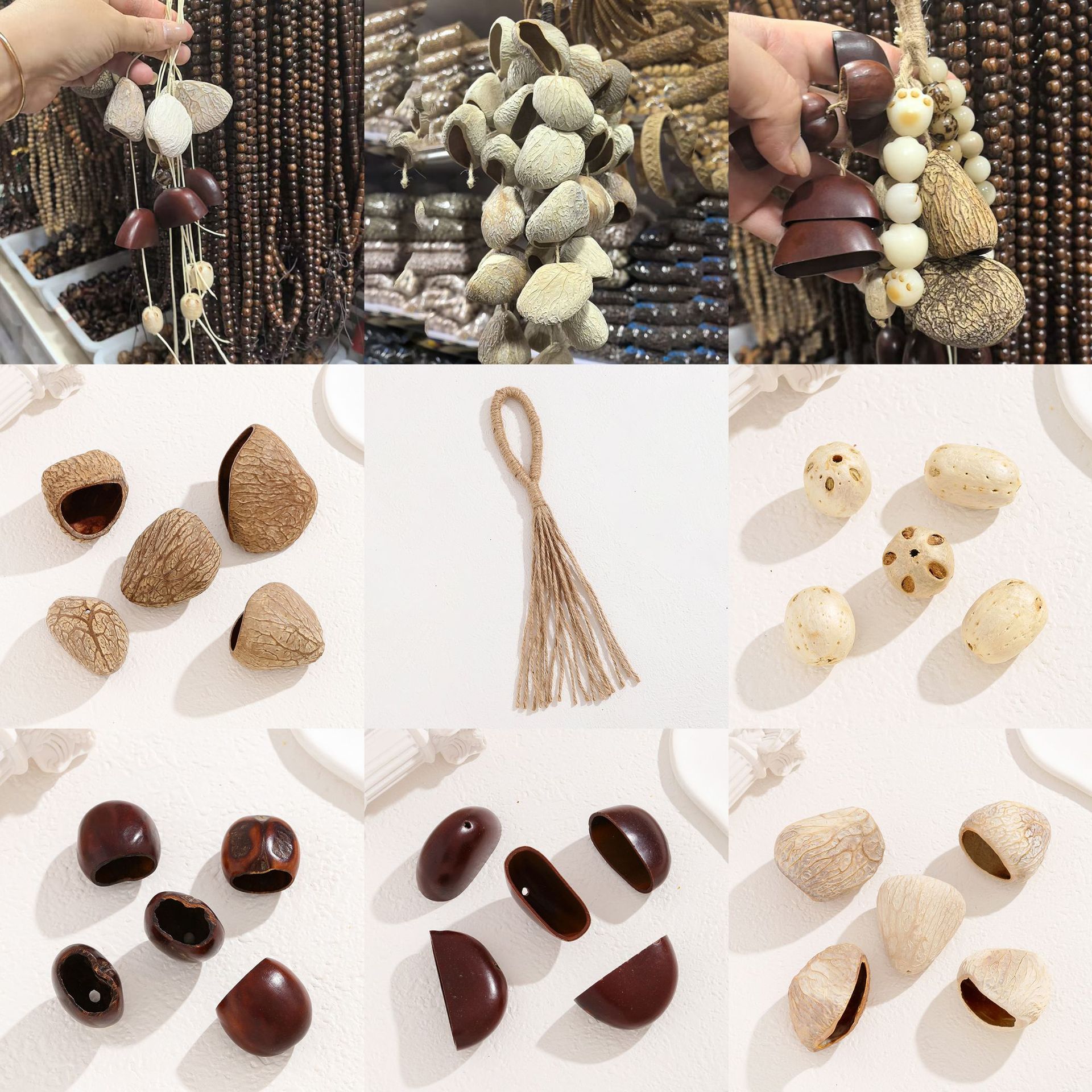 DIY hand-woven ethnic style pendant, featuring retro natural full-wish seeds, fruit shells, wind chimes, Bodhi seeds, keychains Application Scenario