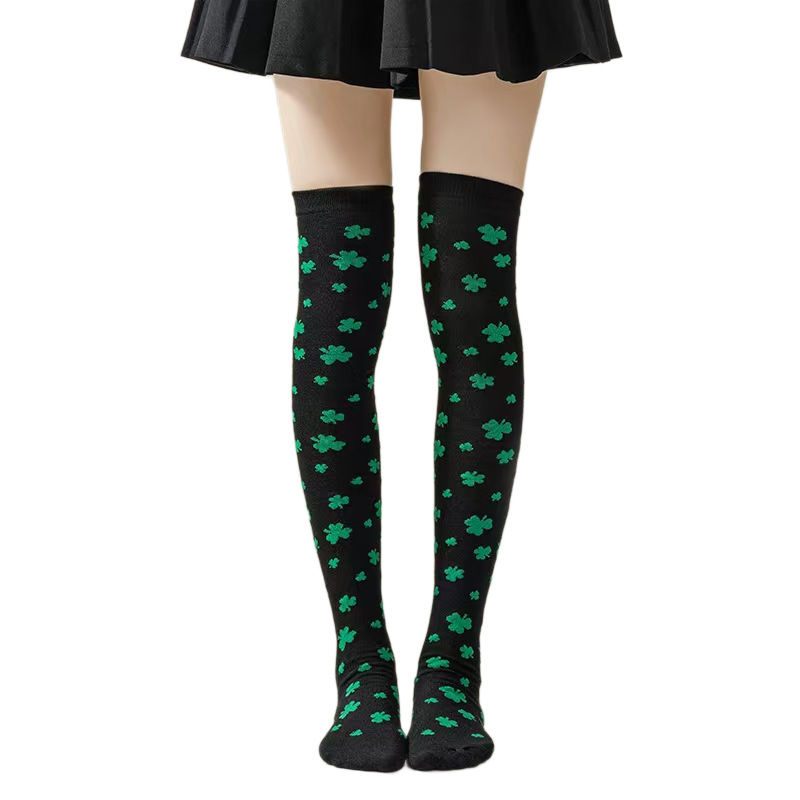 爱尔兰节绿色长筒袜派对三叶草过膝袜圣帕里克节幸运草条纹长筒袜白底实物图