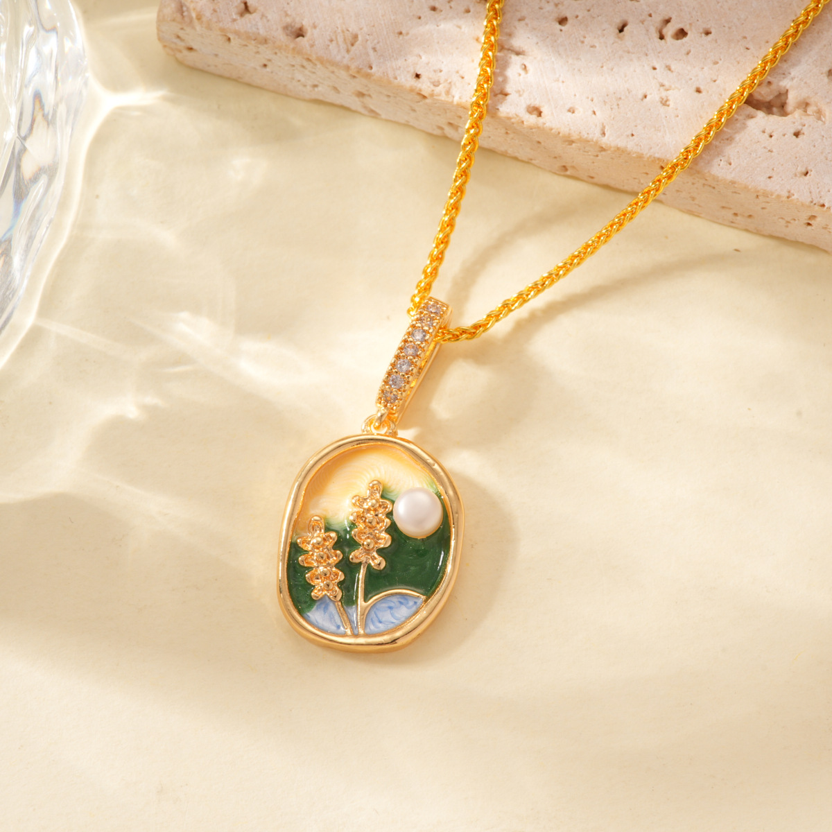 Pearl oil painting style drip oil pendant, 18k copper gold-plated color retention high-end bracelet, necklace clasp DIY accessory Application Scenario
