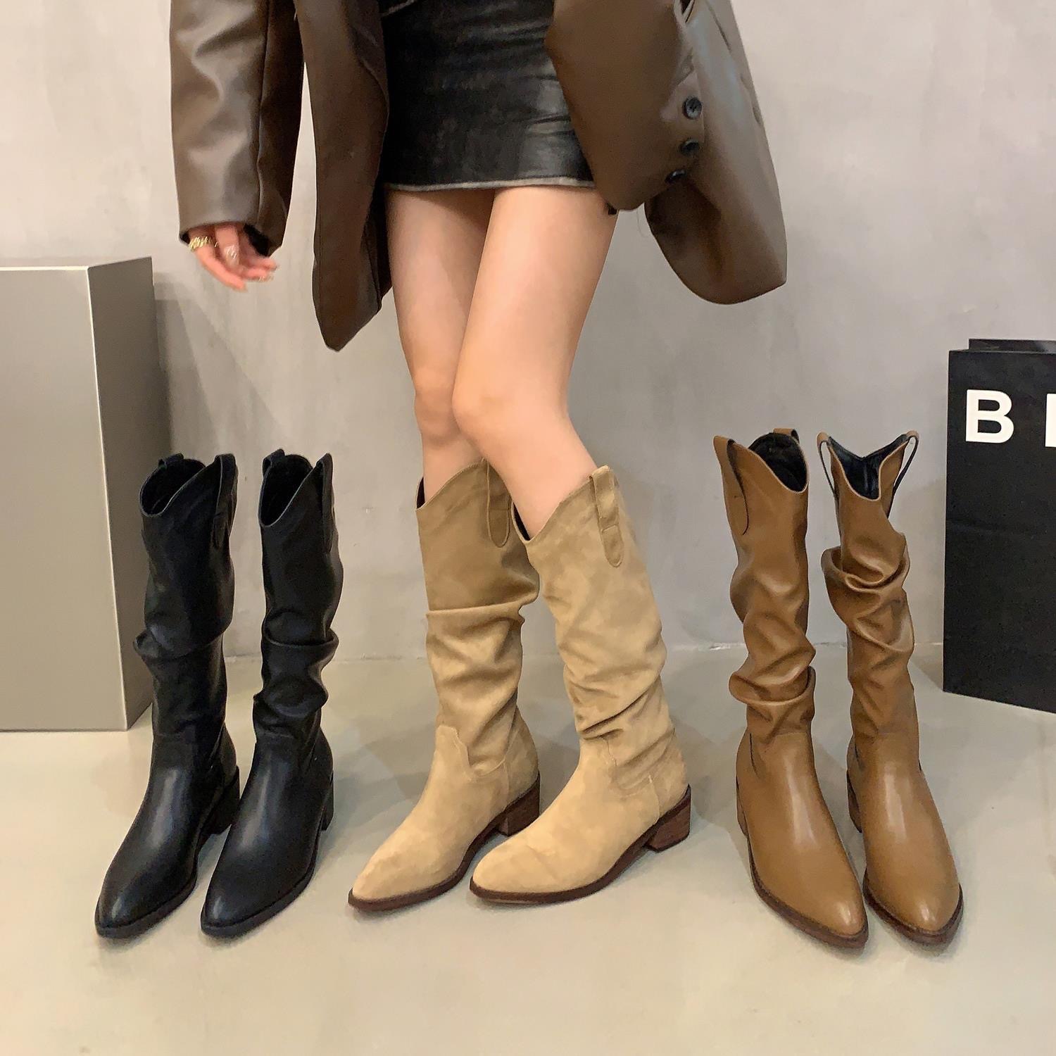 欧美时尚增高显瘦褶皱堆堆长筒骑士靴2025年新款秋冬季西部马丁靴