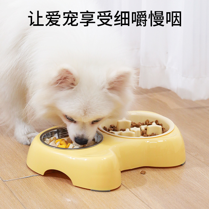 New anti-choking stainless steel double-bowl large and small eye slow food two-in-one pet bowl, pet supplies stainless steel double-bowl basin Specification image
