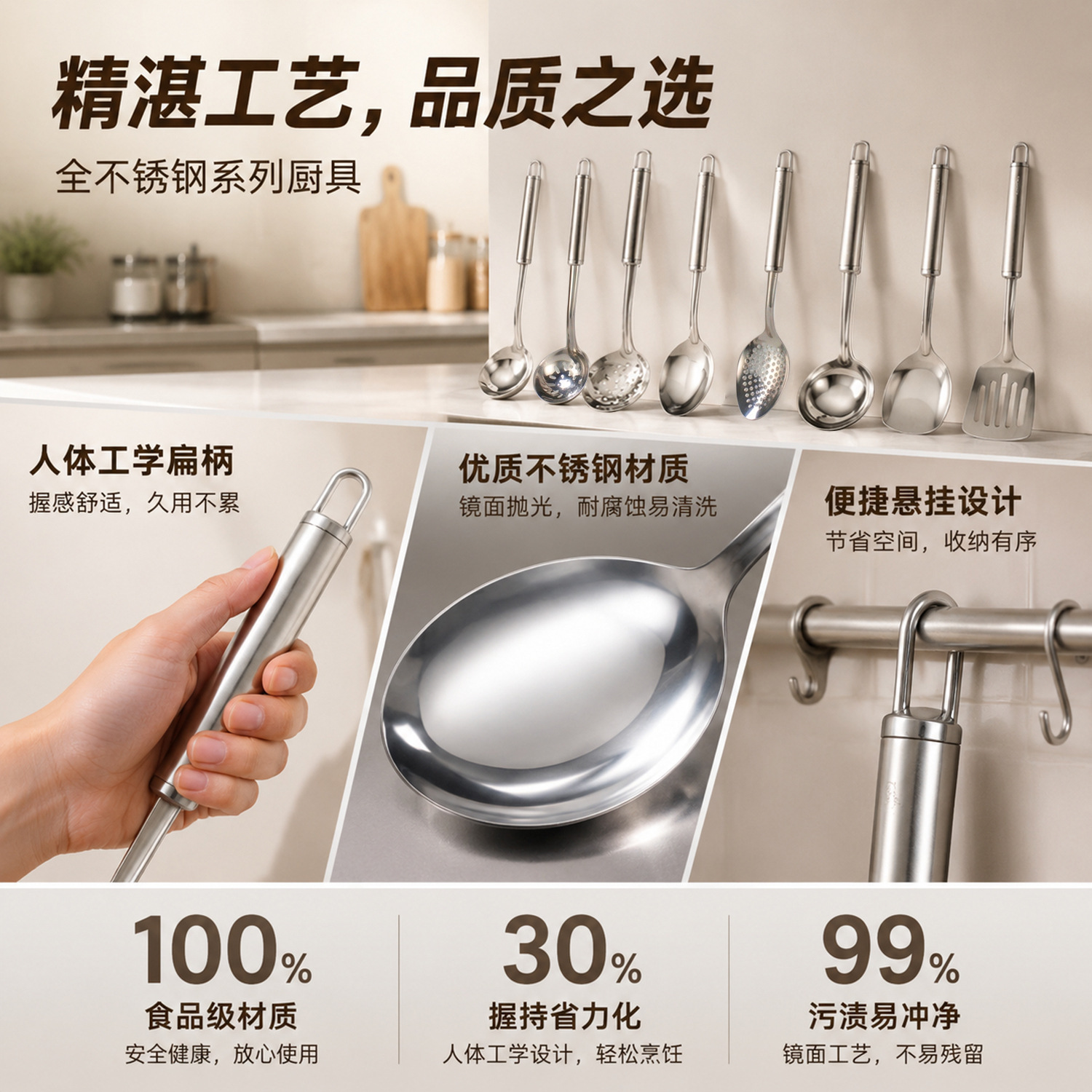 Stainless steel spatula kitchenware set, cooking soup spoon spatula, serving spoon, anti-scald stir-frying spatula, frying spatula, large strainer spoon gift details Picture