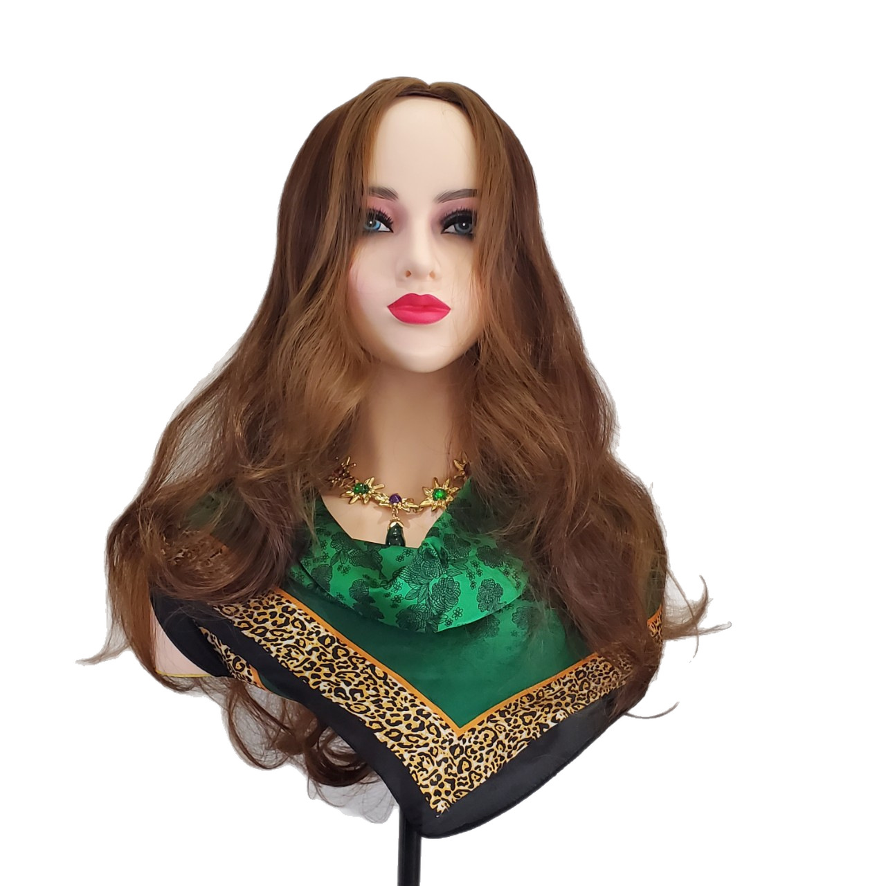 Women's long curly hair, orange-brown mid-parted bangs, women's full wig style Item Picture