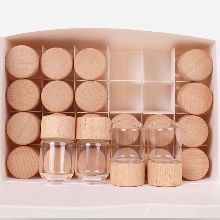 Tuobang Longchuan Glass 32mm diameter threaded sealed bottle, solid wood cap packaging material, 15ml wooden cap bottle, transparent small bottle, small golden bean storage bottle Specification image