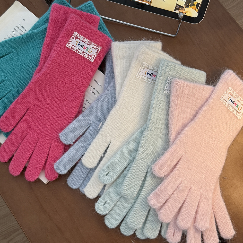 新款纯色简约兔毛手套女冬季可触屏加厚保暖防寒针织手套学生潮
