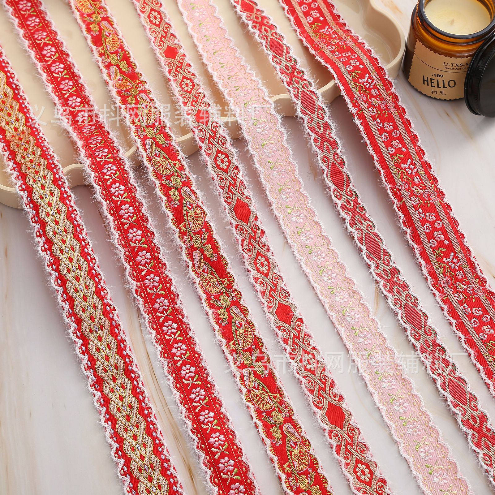 Wholesale of animal pattern, traditional Chinese style, festive, bright red, fringed, ethnic style embroidery ribbons, jacquard webbing, and other clothing accessories