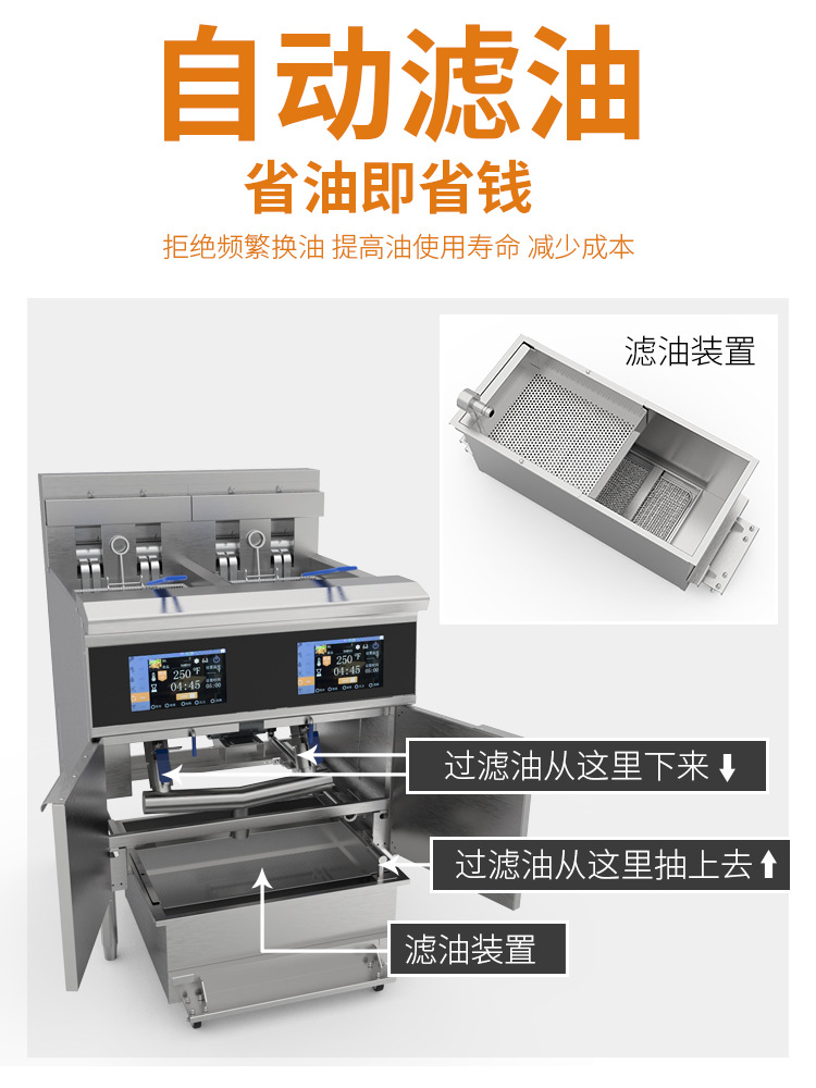 The OFE-226L touch screen deep fryer features a double-cylinder reversible flat tube heating system that is easy to clean and precisely temperature-controlled Specification image