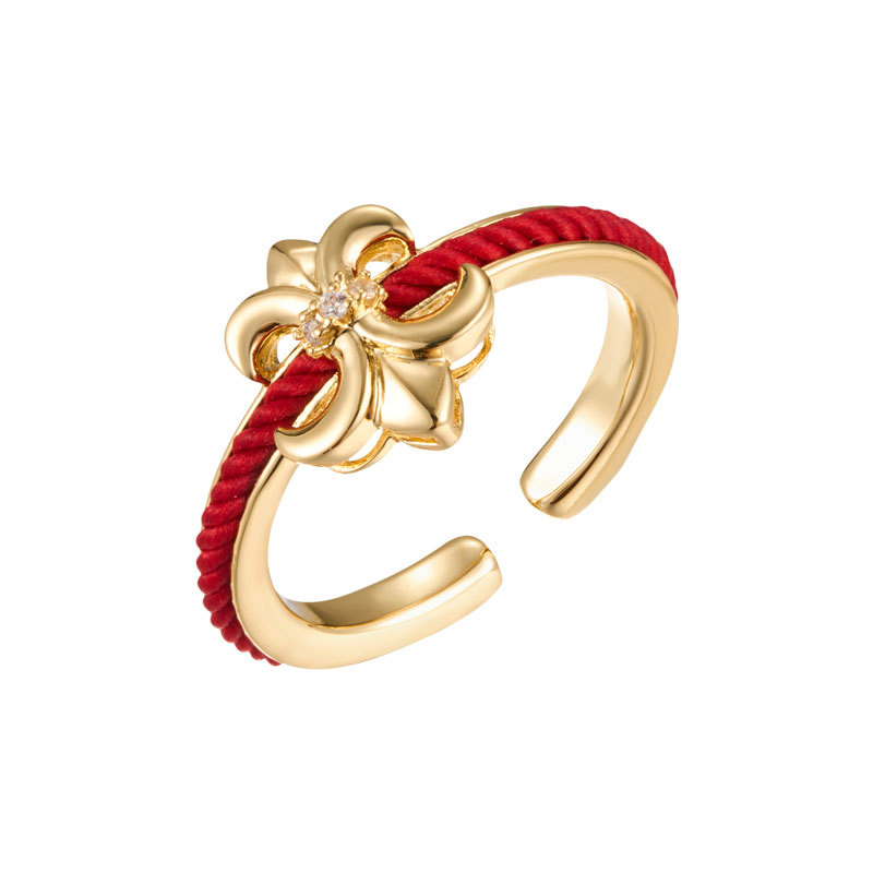 Original design for wealth and good luck: Woven red rope open ring, copper alloy, real gold electroplated with zirconium, adjustable ring Item Picture