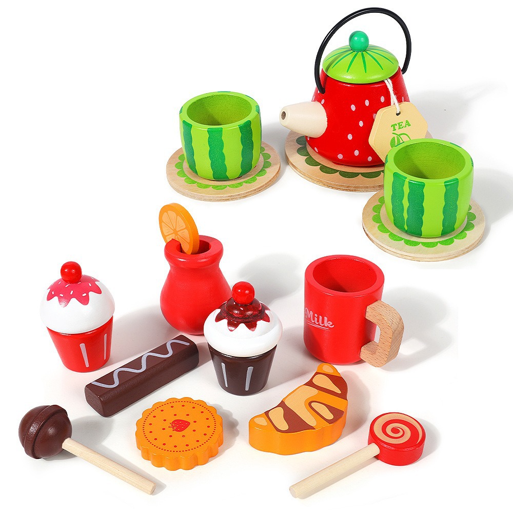 Cross-border wooden children's afternoon tea dessert simulation tea set, hand-held box, baby role-playing educational toy Specification image