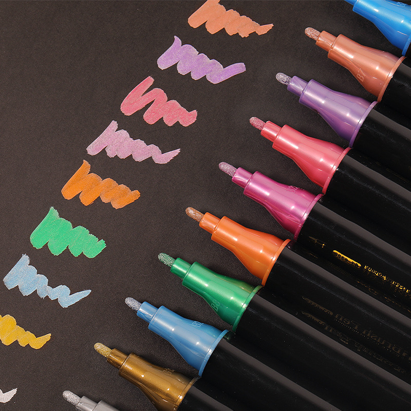 Cross-border double-headed metal pearlescent paint pen, soft acrylic black cardstock drawing pen, 12-color waterproof quick-drying marker pen details Picture