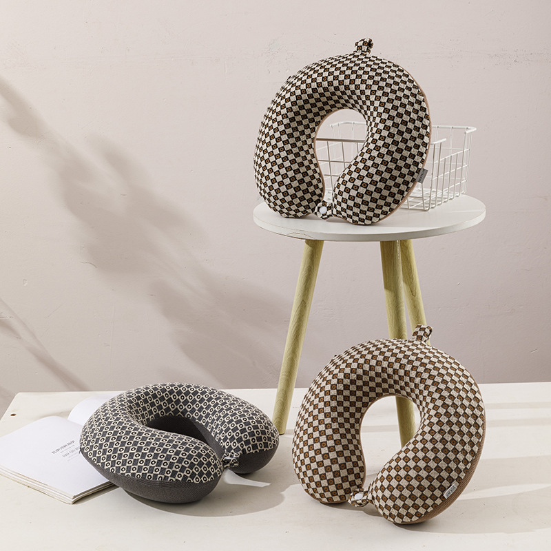 记忆棉u型枕芯脖子午睡枕头旅行枕提花小方格logo慢回弹U形颈枕