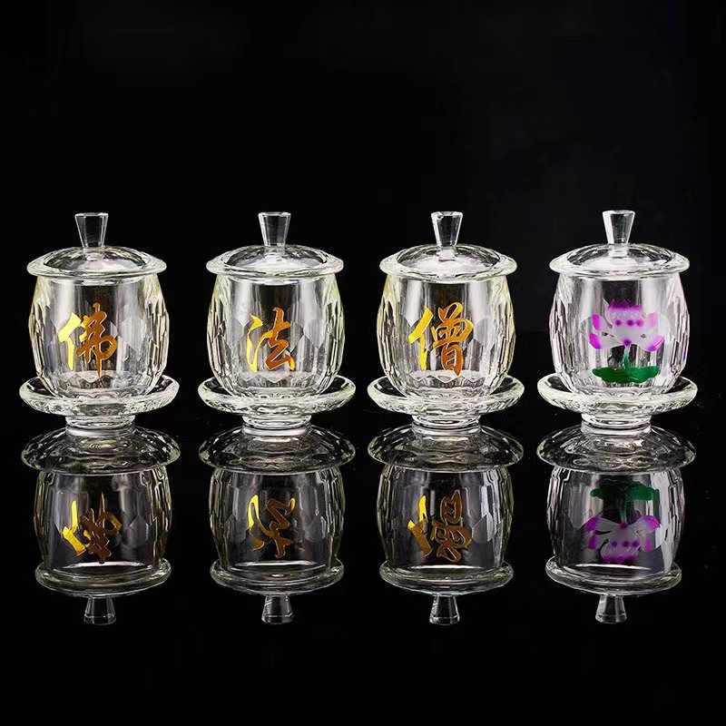 厂家直销佛堂供水杯摆件大悲咒圣水杯水晶供杯观音佛法僧净水杯