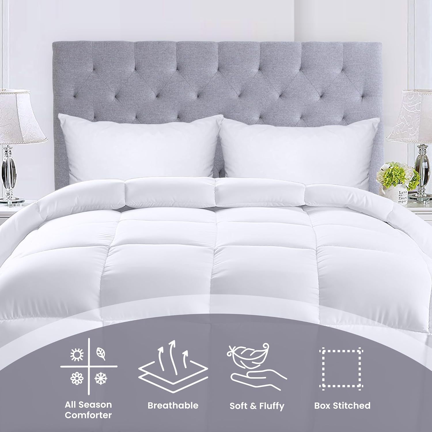 Hotel supplies chemical fiber quilt, pure white hotel and guesthouse quilt core filled 300GSM square quilted all-season quilt, bed quilt details Picture