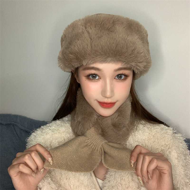 冬季热销纯色防风保暖毛绒帽子 户外保暖套装 加厚加绒女款盆帽