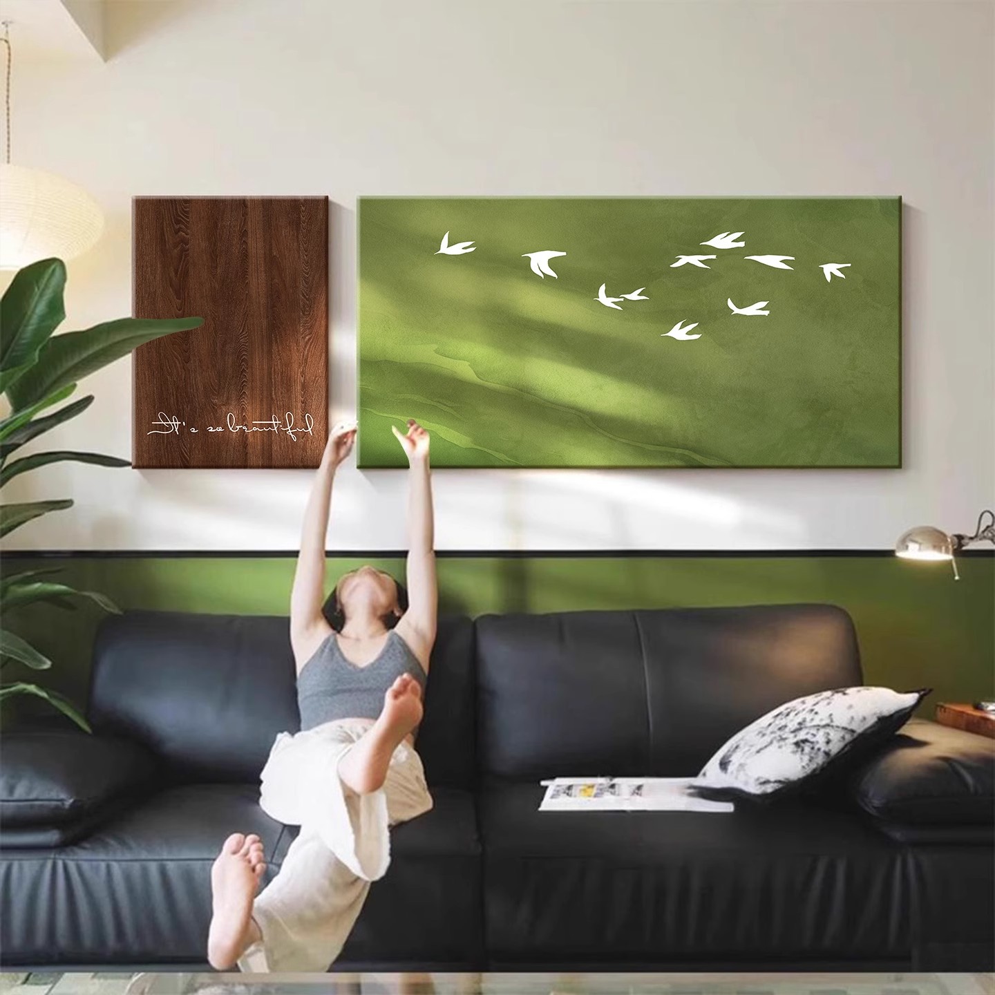 中古风客厅沙发背景墙装饰画挂画绿色风景法式小众艺术组合壁画