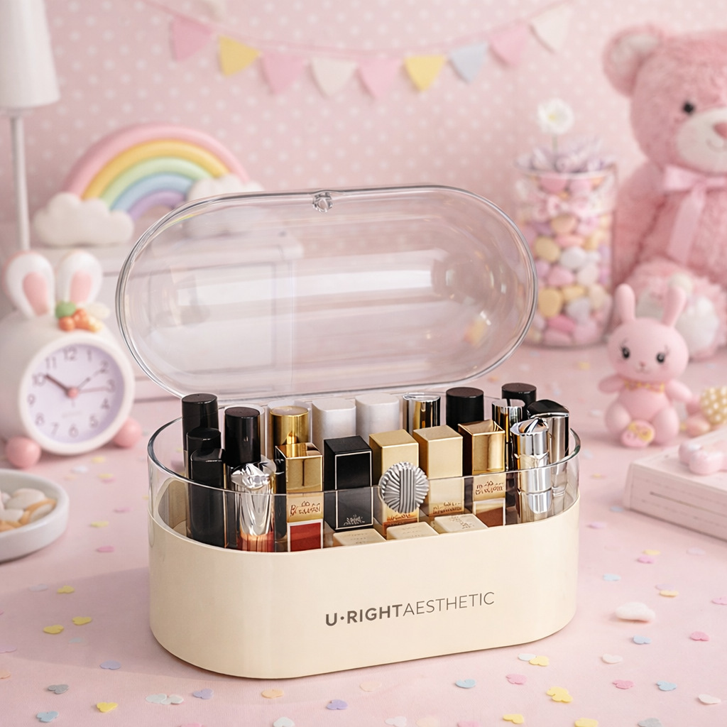 Desktop cosmetics storage box, transparent acrylic lipstick box, dressing table, skin care products organization box with lid, dust-proof Application Scenario