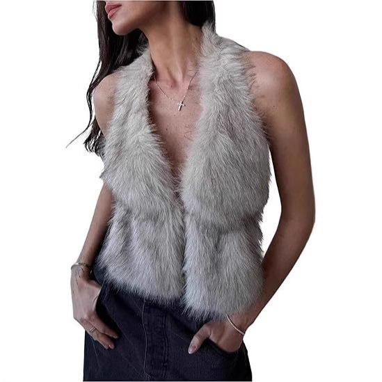 Aliexpress cross-border women's artificial fur sleeveless halter top, backless fur fox fur vest details Picture