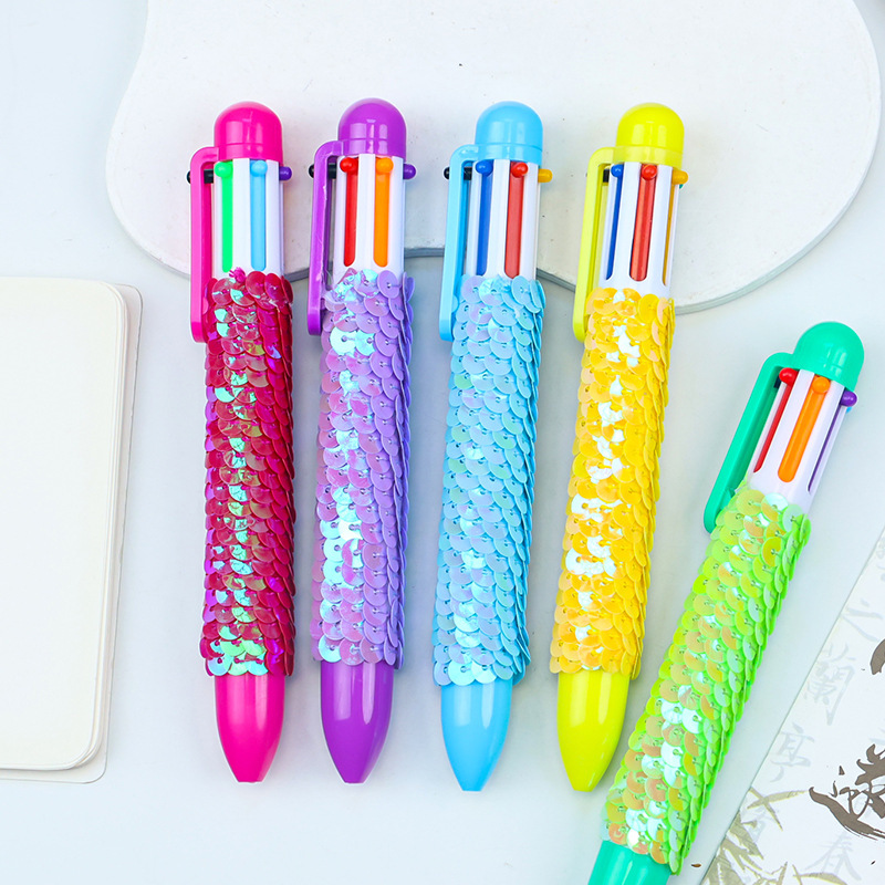 Creative fish-scale sequined six-color ballpoint pen, colored pen barrel, press multi-color pen, student highlighting key points, colored planner pen full figure
