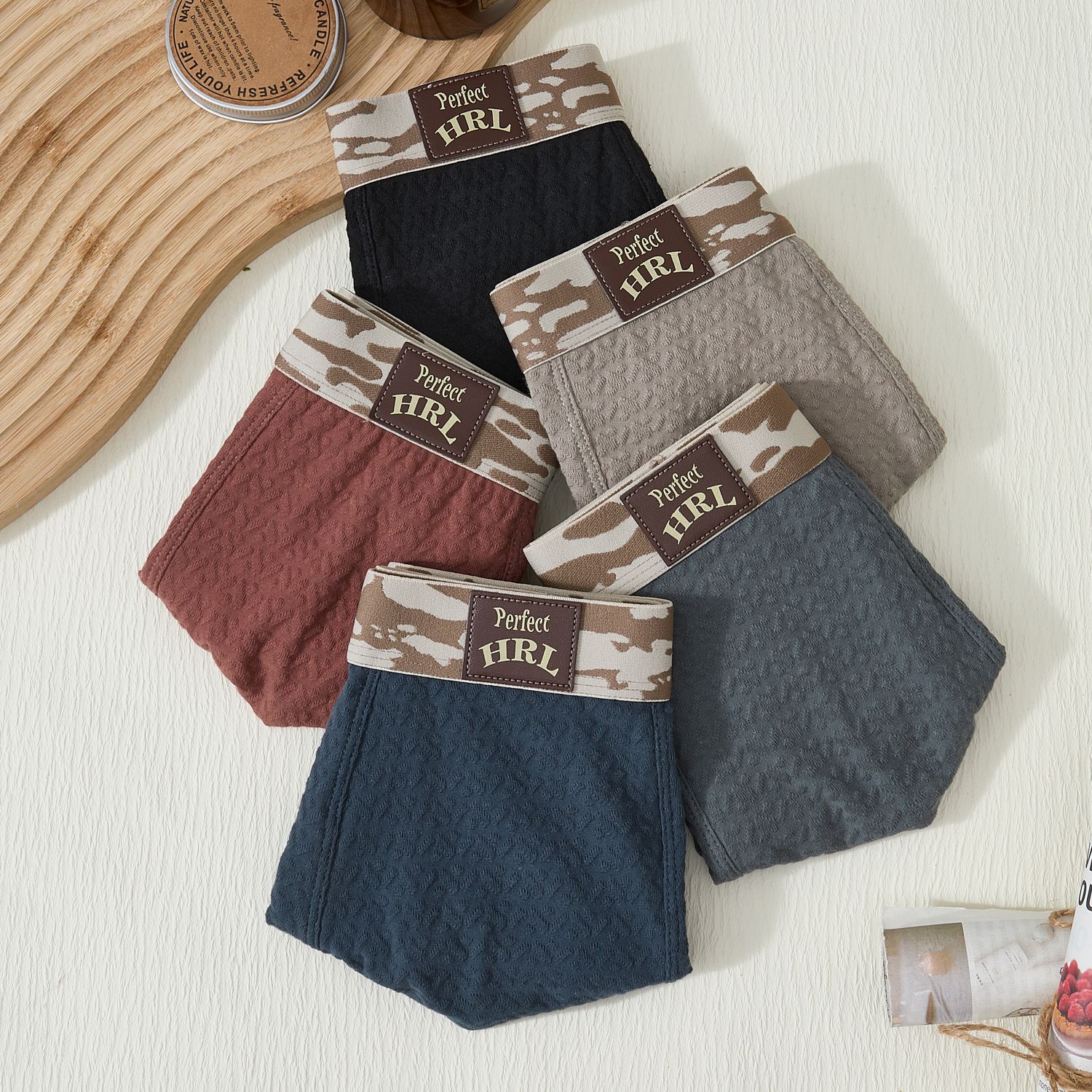 Men's underwear, cotton, personalized camouflage belt, flat Angle, breathable and fashionable, solid color, light luxury, mid-waist men's underpants Specification image