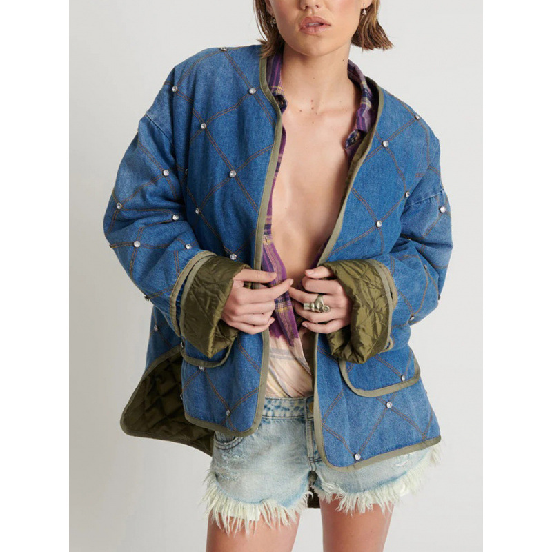 European and American cross-border denim patchwork quilted and diamond-stitched women's autumn fashionable, warm and trendy lightweight cotton-padded jacket MG600 full figure