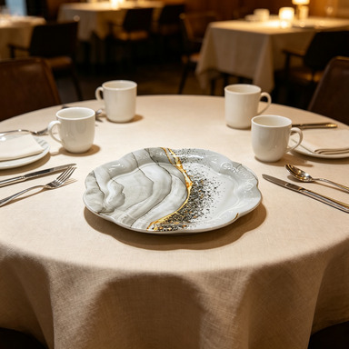 Direct sales from the foreign trade manufacturer of grayish-white marble-patterned dinner plates in commercial stock. Durable and wear-resistant round melamine products
