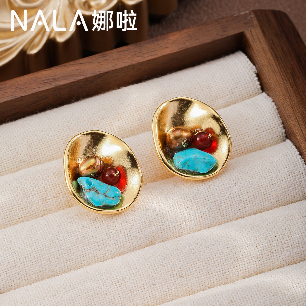 法式复古蓝松石淡水珍珠耳钉红玛瑙耳环轻奢高级感中古饰品批发图