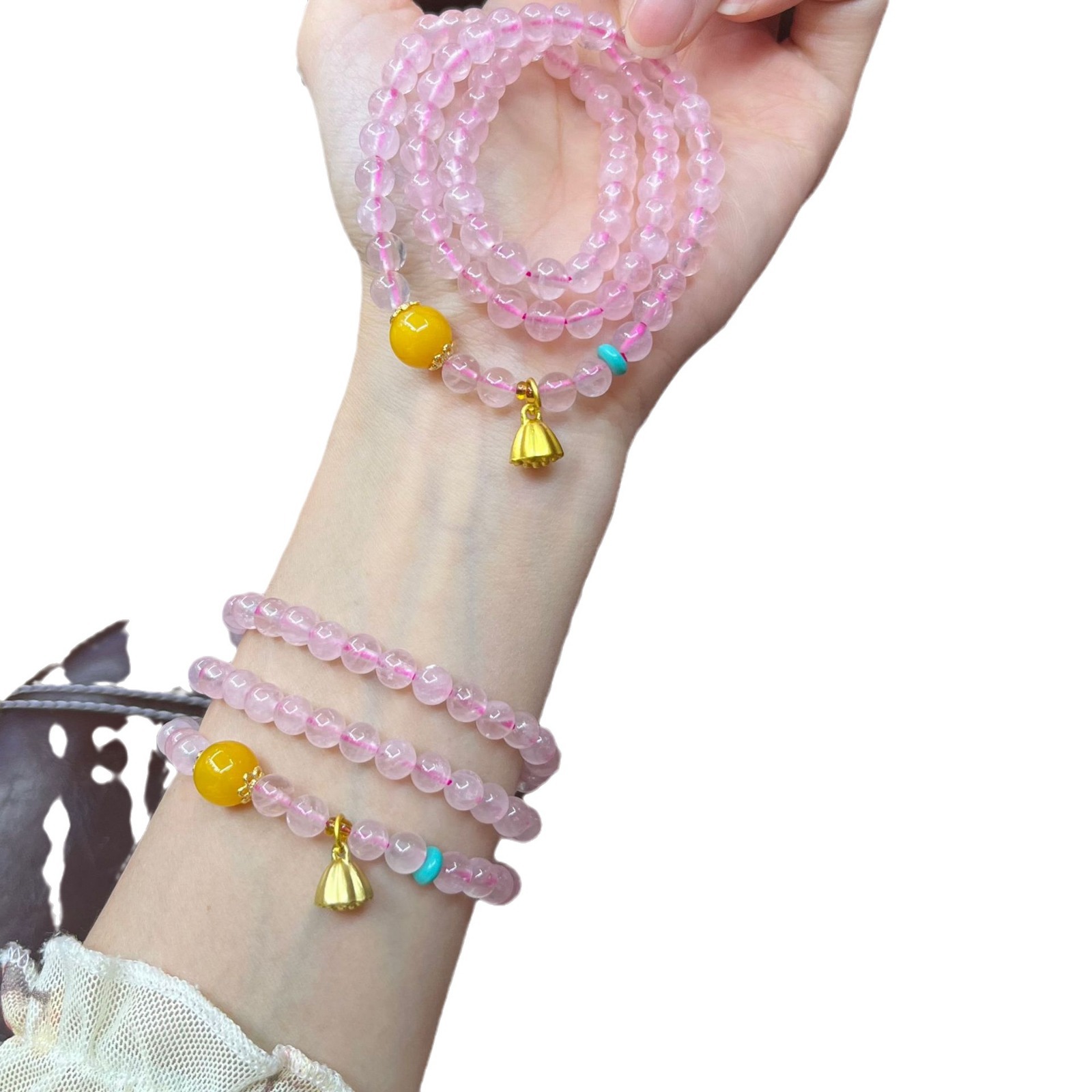 天然粉晶手链芙蓉石手串搭配黄玛瑙多圈粉水晶直播福利爆款白底实物图