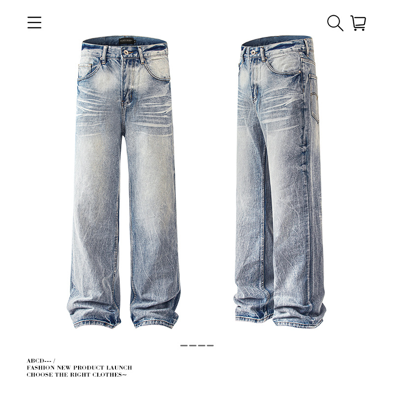 In the autumn of 2025, American-style washed distressed cat beard light blue jeans for both men and women, loose and versatile straight-leg long pants for cross-border use details Picture