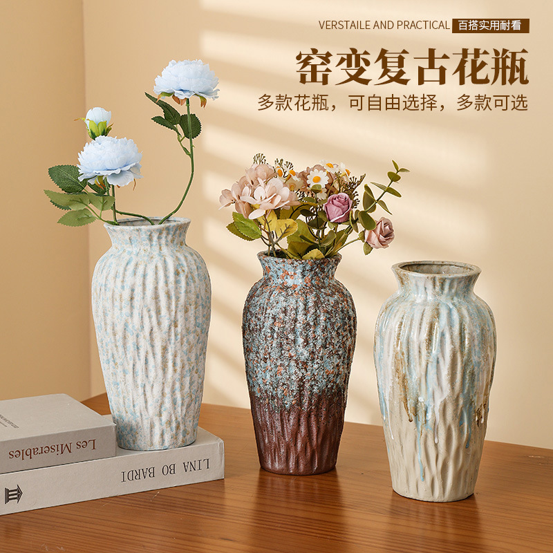 2025 Large-diameter vase, ceramic hydroponic and hydroponic fresh flower arrangement, artificial handcrafted flowers, retro large dried flowers