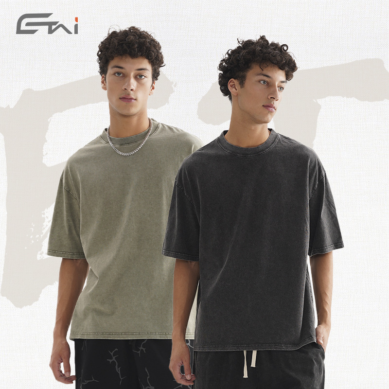ETAI男装|跨境潮牌重磅水洗做旧t恤美式复古纯色宽松落肩男士短袖