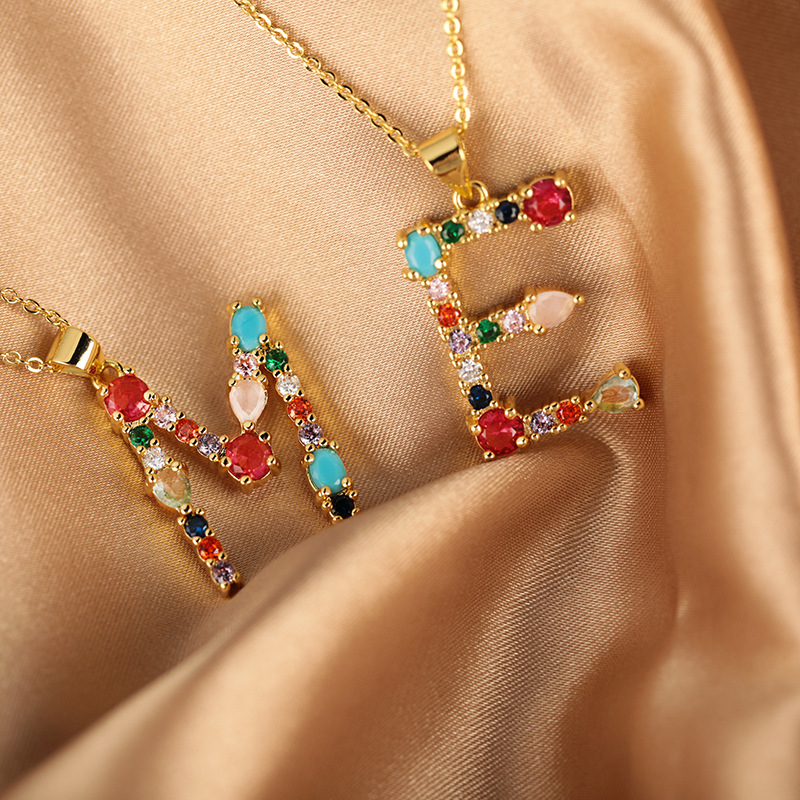 A cross-border copper micro-inlaid colored zircon pendant with 26 English letters, a niche hip-hop necklace and collarbone chain Specification image