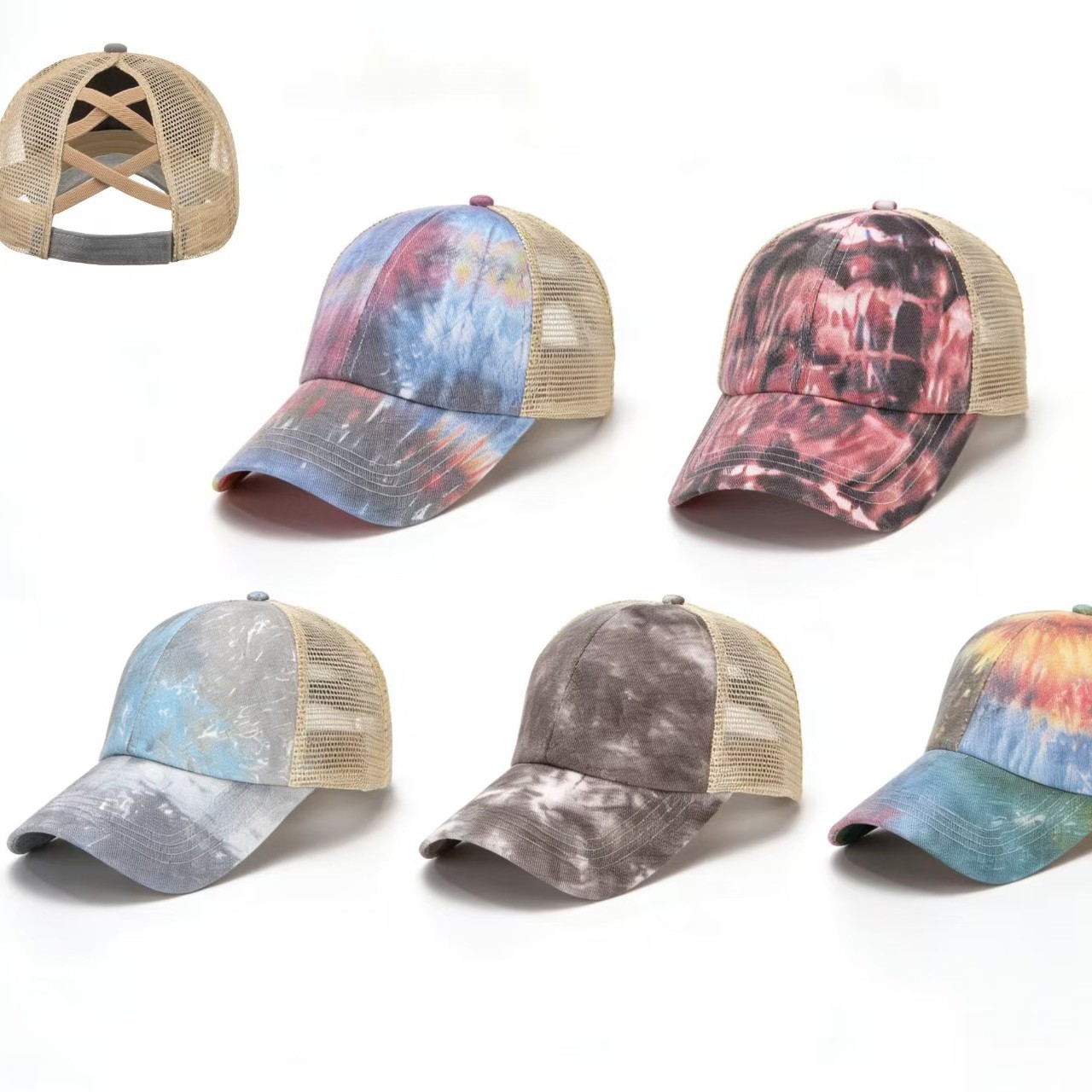 National trendy primavera verano nueva moda multicolor tie dye estampado transpirable malla gorra de béisbol sombrero de pato sombrero de sol visera