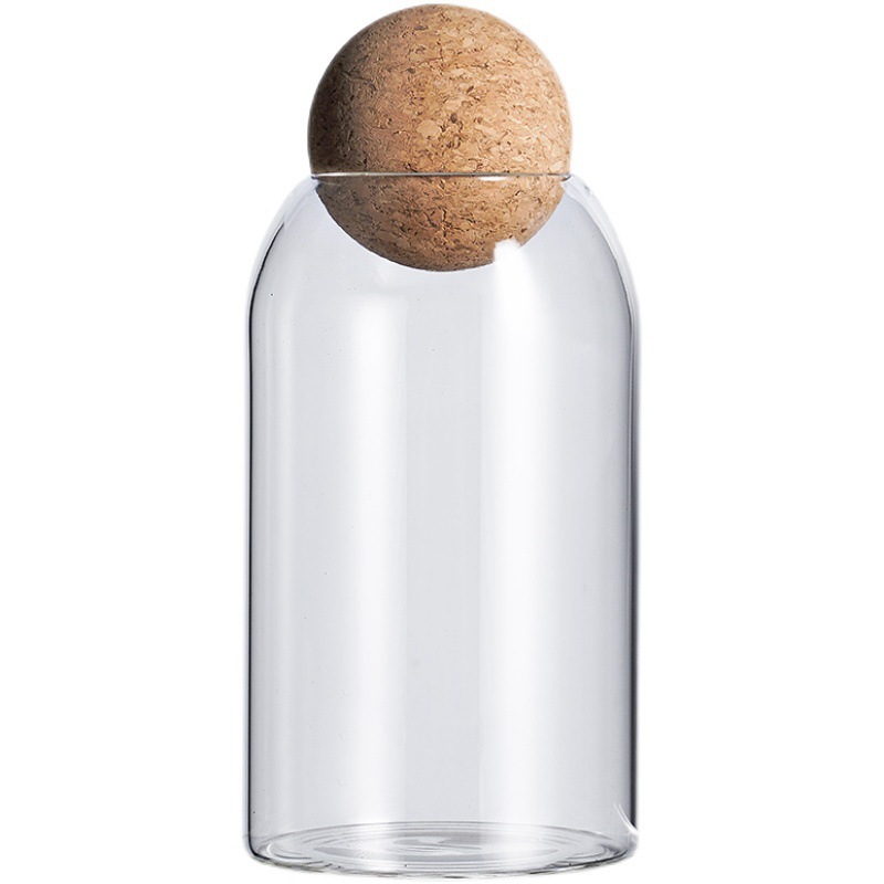 Round cork stopper glass sealed jar flower and fruit tea coffee bean display bottle, kitchen grain storage bottle in stock Item Picture